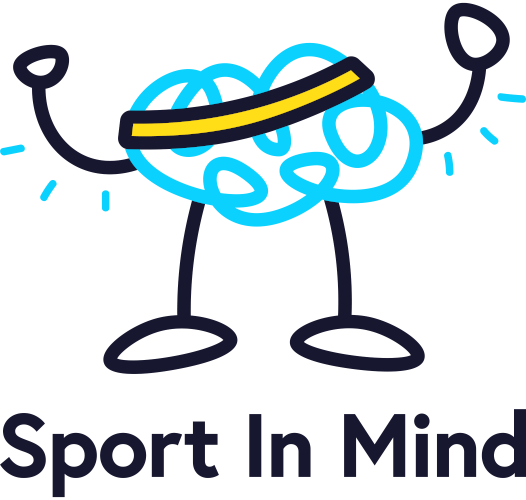 Logo for "Sport in Mind" — a cartoon brain character wearing a yellow sweatband, with arms raised holding dumbbells and standing on two legs, illustrated in bright blue on a dark background, with the organisation name below.