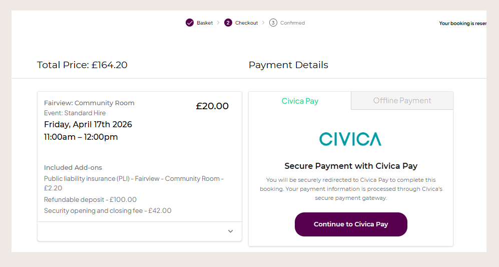 screenshot of online booking system showing different payment methods