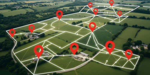Arial view of fields with map markers and roads superimposed on it.