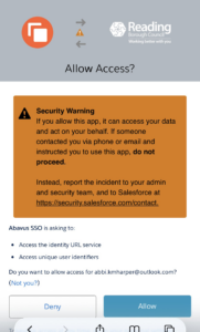 Screenshot of allow access screen showing a security warning message