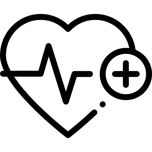 Black on white icon showing a heart with heart beat.