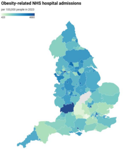 Map of England showing obesity-related hospital admissions.