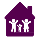 Minimalist representation showing a house shape with three children shapes jumping for joy.