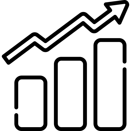 This image shows an icon showing 3 bars of bar chart with upward arrow above it.
