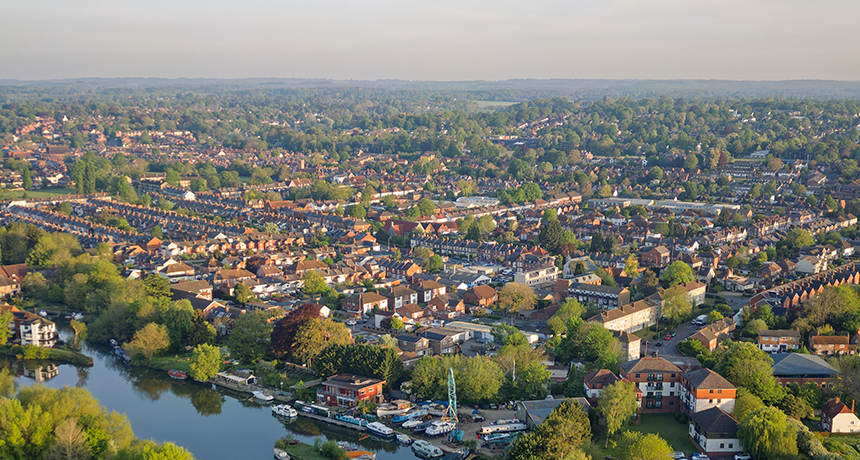Aerial view of Reading showing houses and the River Thames