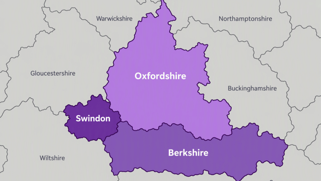 England county map zoomed in showing Oxfordshire, Swindon and Berkshire highlighted in purple.